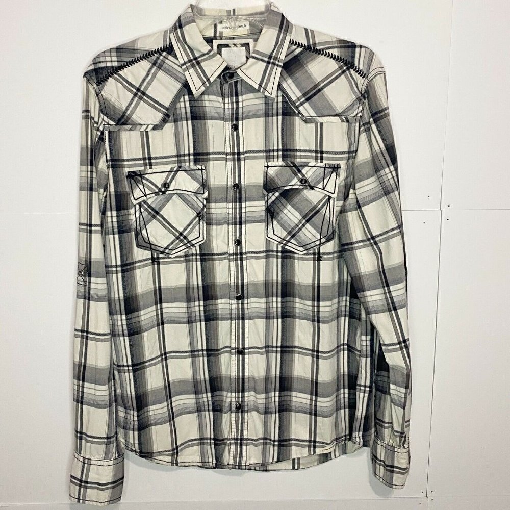 BKE Mens Small Athletic Fit Long Sleeve Pearl SnapPlaid Shirt White Black Gray